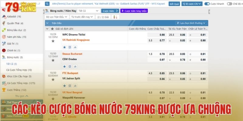 Các kèo cược bóng nước được ưa chuộng hiện nay