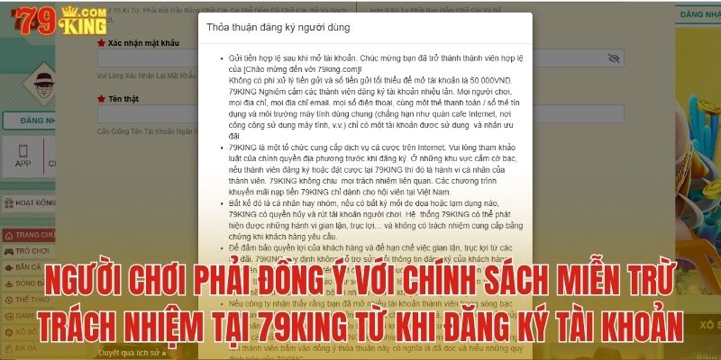 Người chơi phải đồng ý chính sách miễn trừ trách nhiệm khi đăng ký tài khoản 